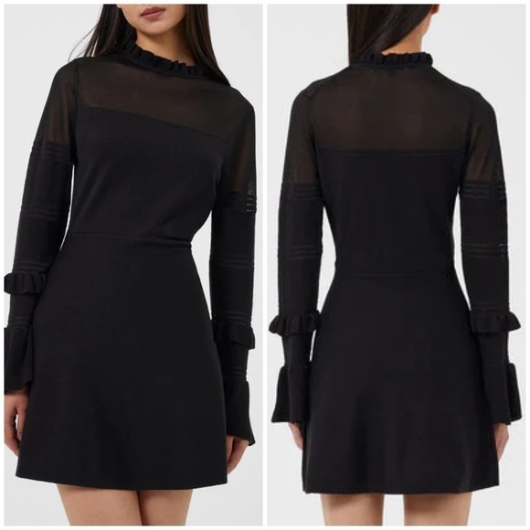 New French Connection Lindsey Mesh Frill Dress Long Sleeve Knit Fit Flare Sz XS - Picture 1 of 13